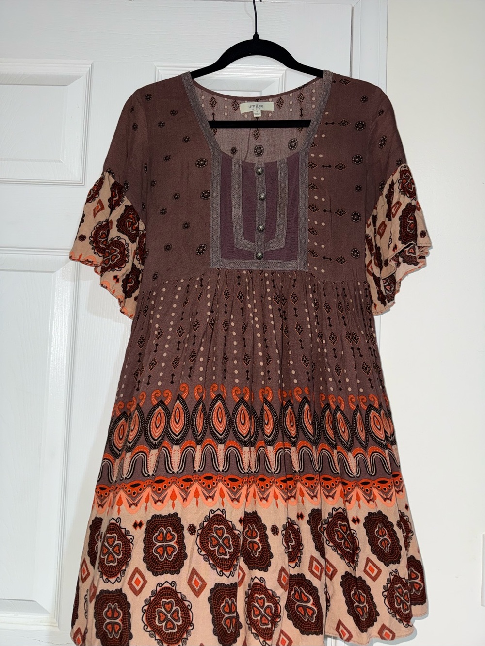 Umgee Brown Boho Printed Short Sleeve Tunic with Orange Accents